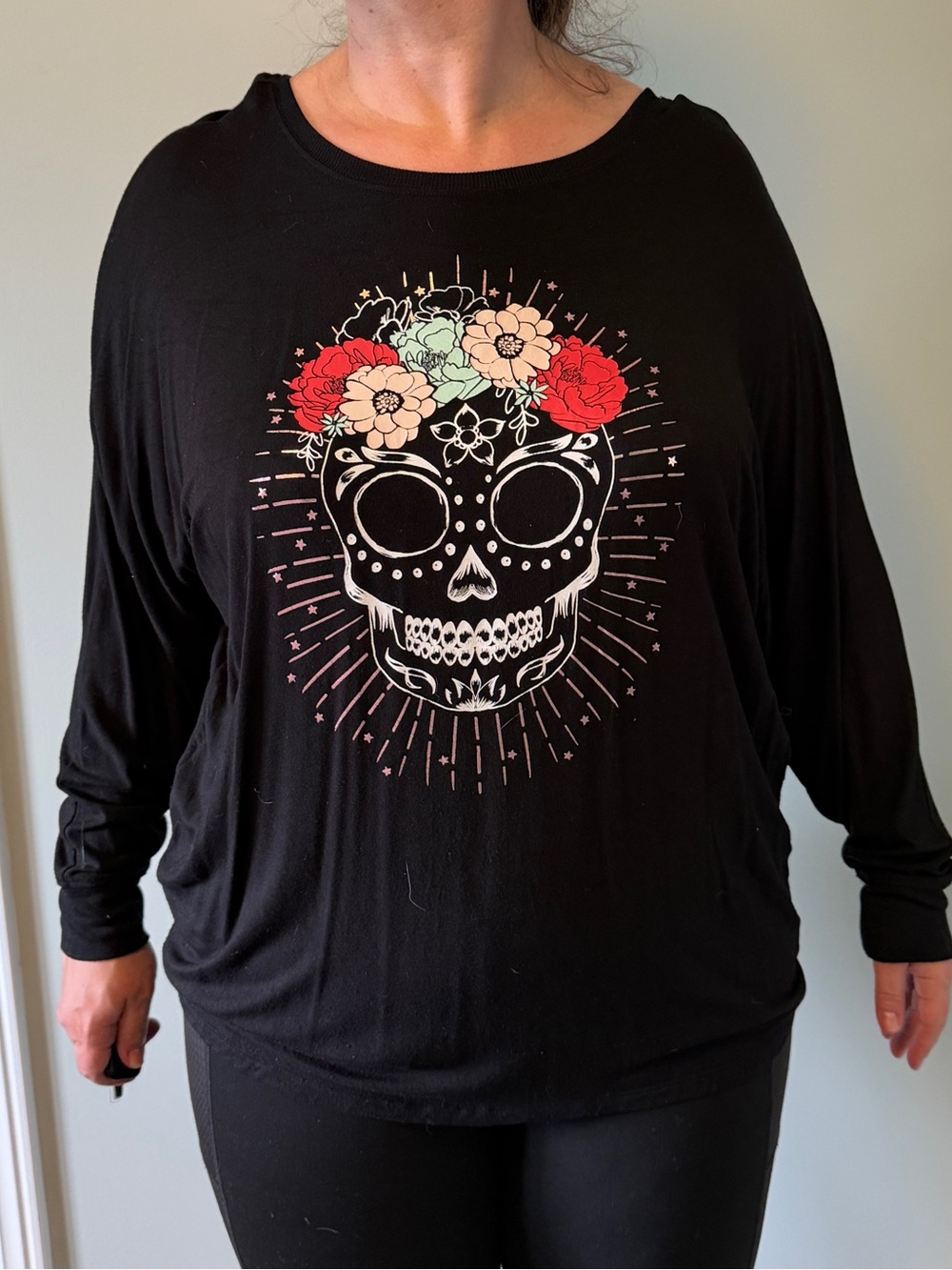 torrid Black Long Sleeve Skull Graphic Top with Red and Cream Floral Crown